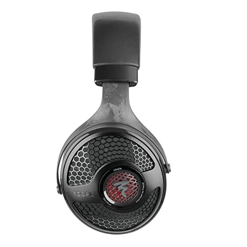 Side view of a high-end headphone with a black and red design and mesh details.