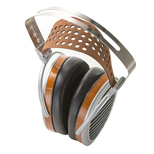 High-end headphones with wooden accents and metal frame.