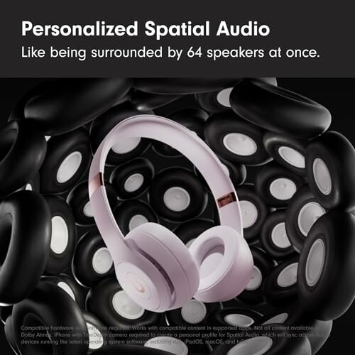 Headphones with personalized spatial audio surrounded by speaker icons.