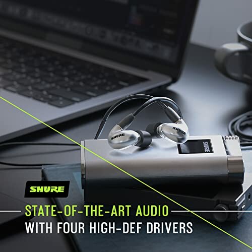 Shure earphones and audio device with state-of-the-art audio text.