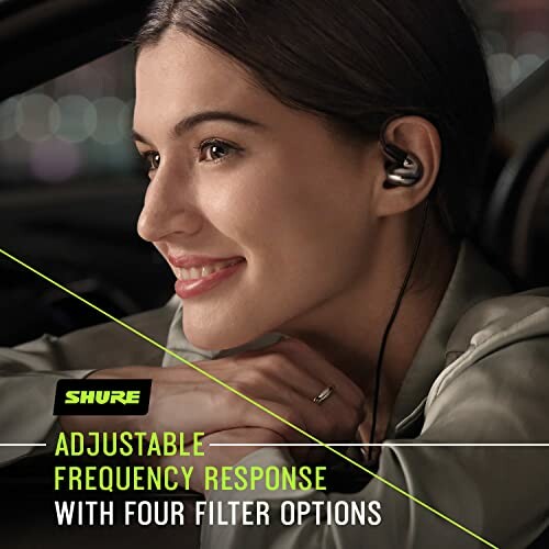 Woman wearing earphones with adjustable frequency response and filter options.